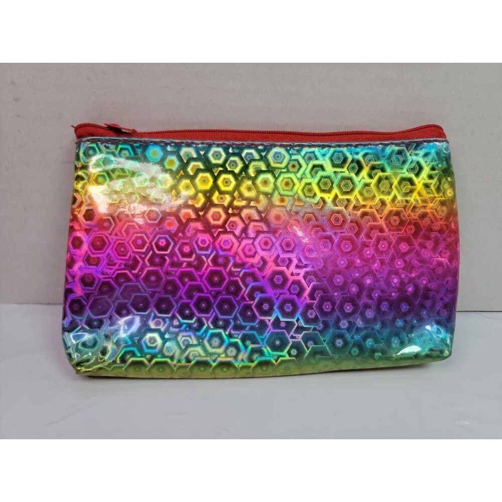 Holographic Rainbow Pencil Pen Zippered Cosmetic Pouch Geometric Pattern